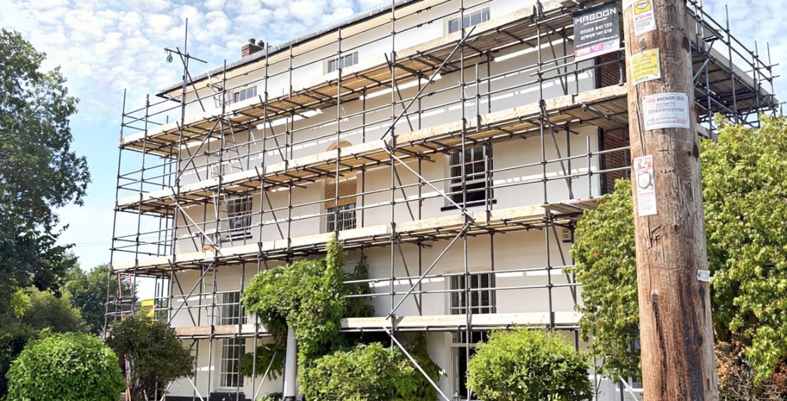 Leigh House surrounded by scaffolding during refurbishment